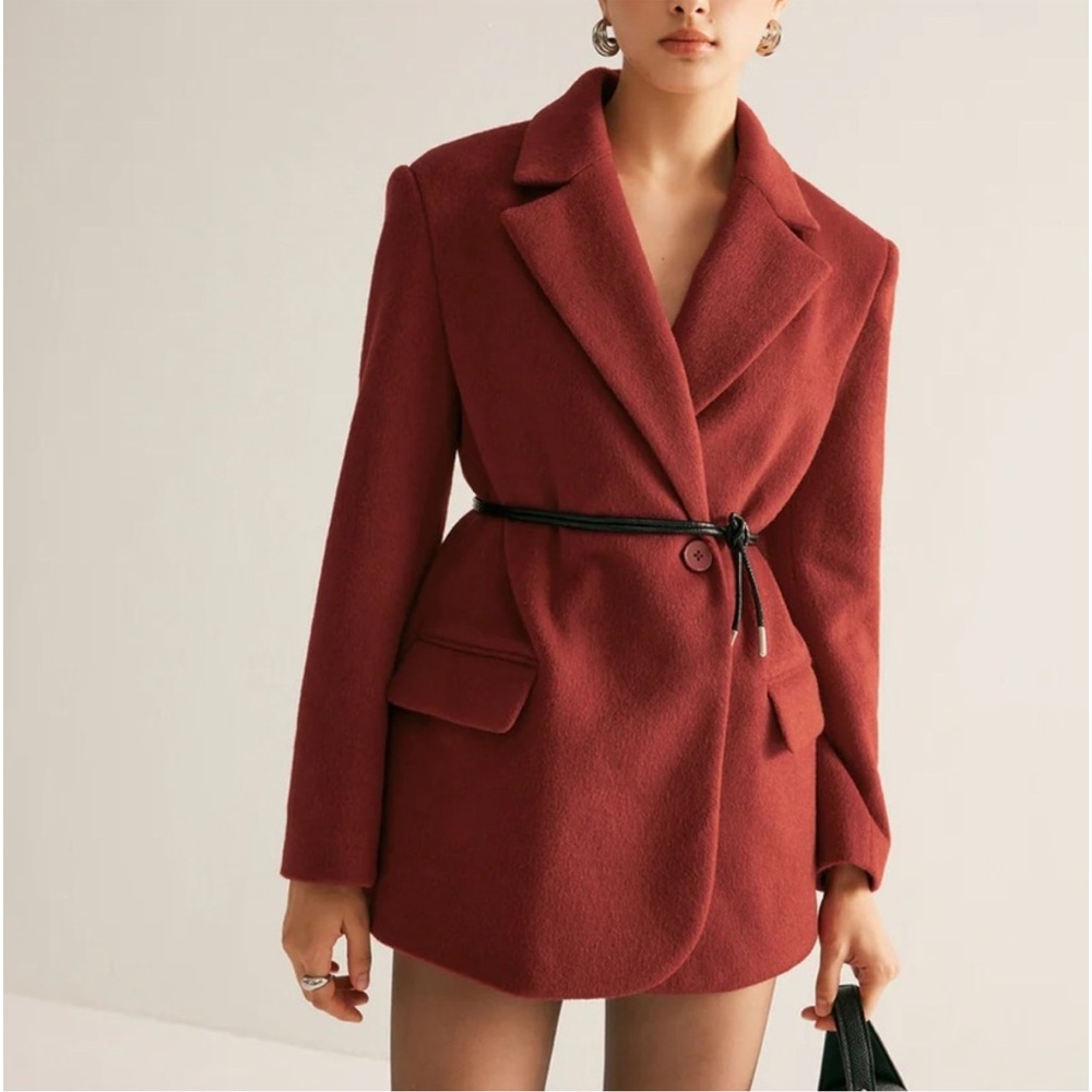 Wool blend premium quality red oversized drawstring tie belt blazer jacket - Picture 5 of 9